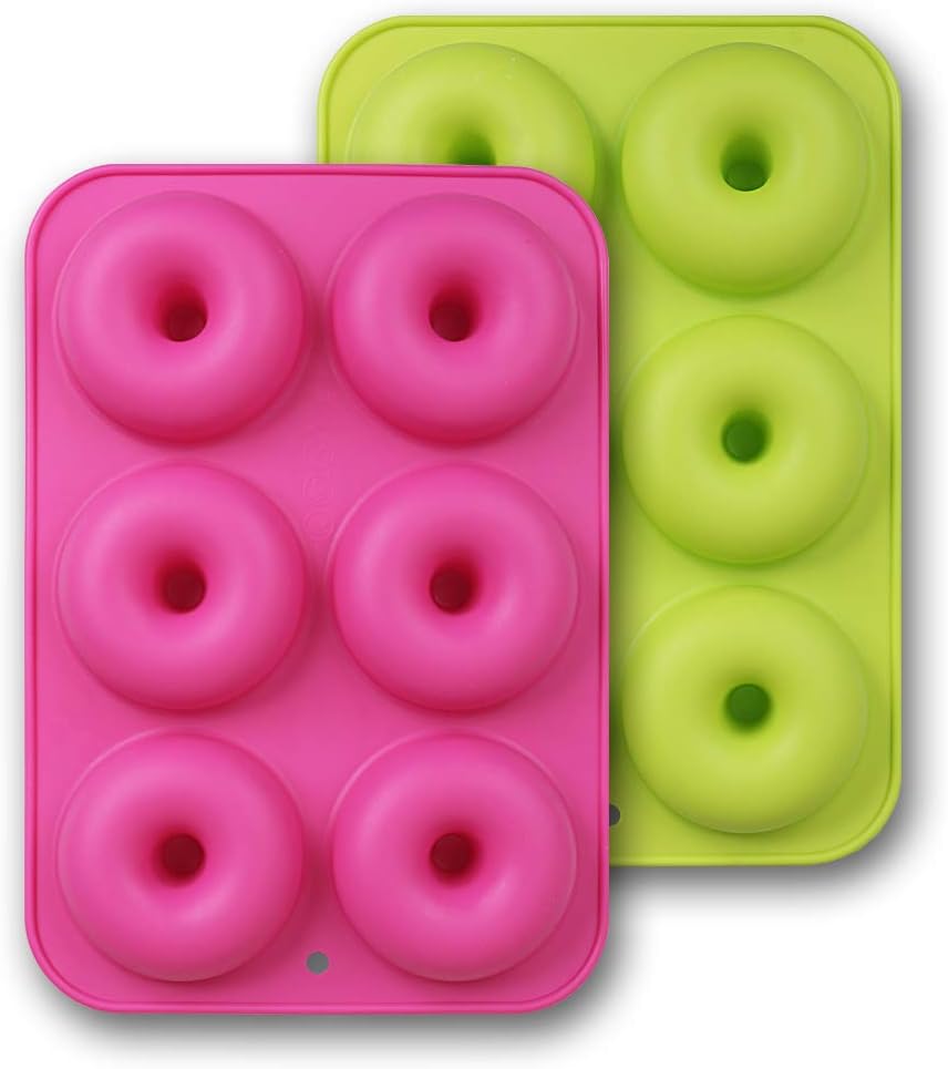 homEdge Silicone Donut Molds, 2-Pack of Non-Stick Food Grade Silicone Pans for Doughnut Baking – Green and Pink