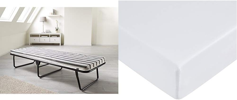 JAY-BE Value Folding Bed with Breathable Airflow Mattress, Fabric, Black, Single & Amazon Basics Microfibre Fitted Sheet, Single, Bright White