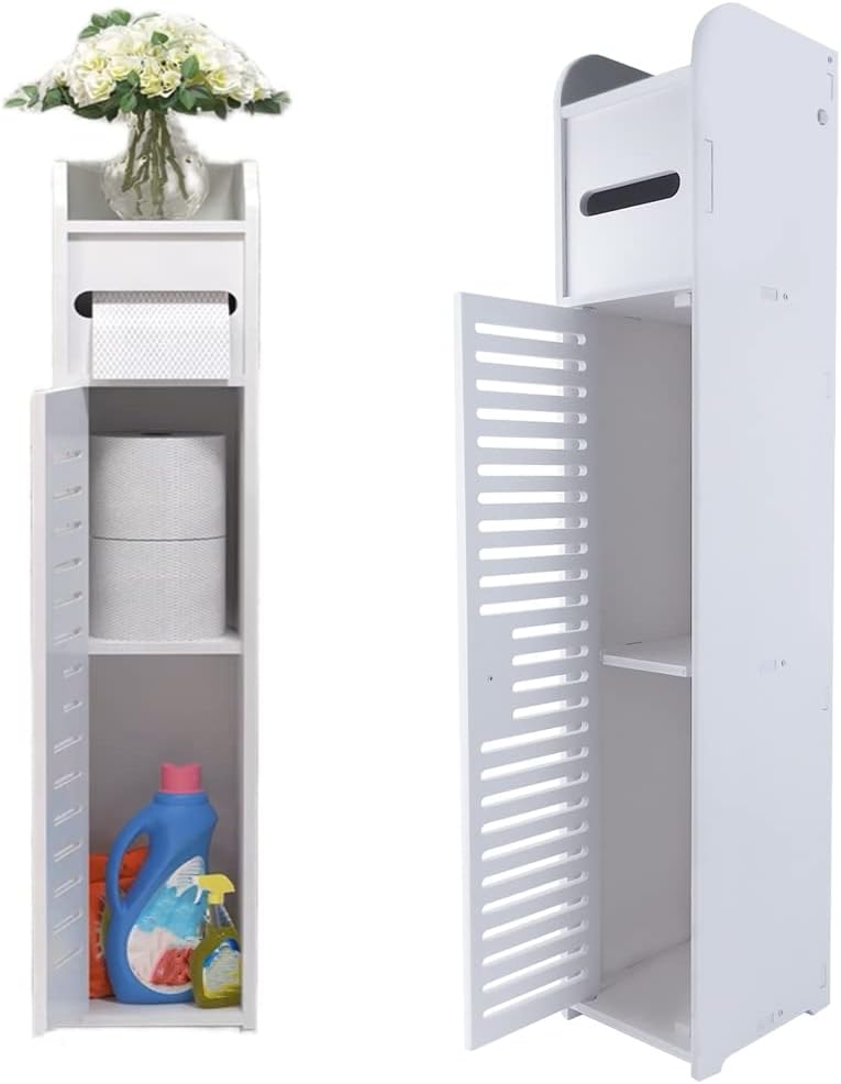 Qimu Floor Cabinet,Waterproof FreeStanding White Slim Bathroom Storage Unit with Daily Use Layer and 1 Cupboard Door,Multi-purpose for Store Toilet Paper,Shampoo,W6.3''x D6.3''xH32''