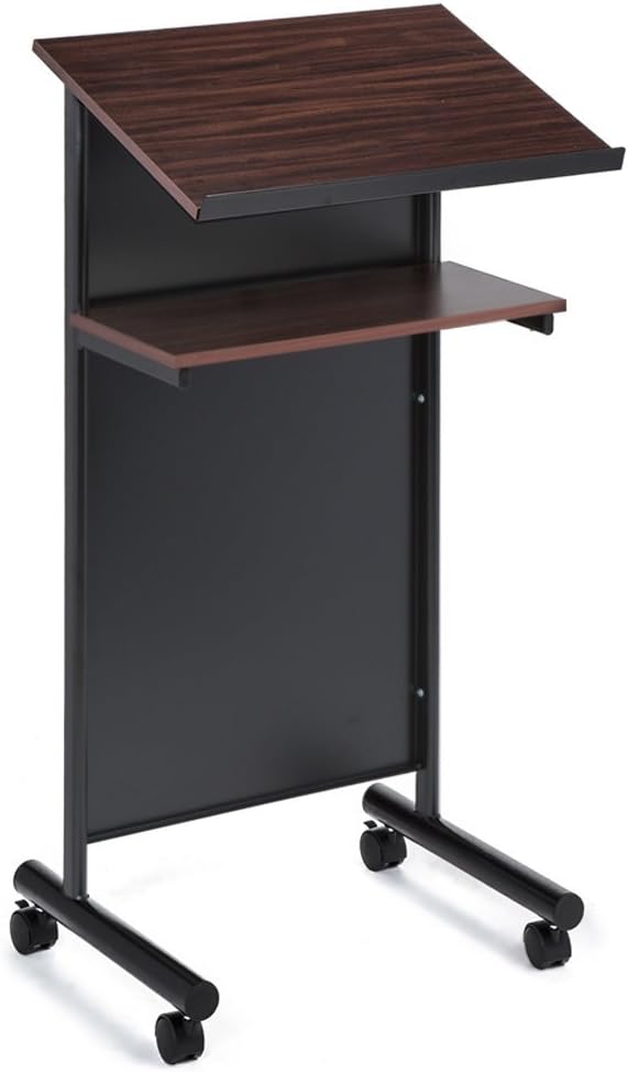 Audio-Visual Direct Wheeled Lectern Podium - Standing Desk with Storage Shelf - Cherry/Black - Ideal for Presentations and Laptop Use