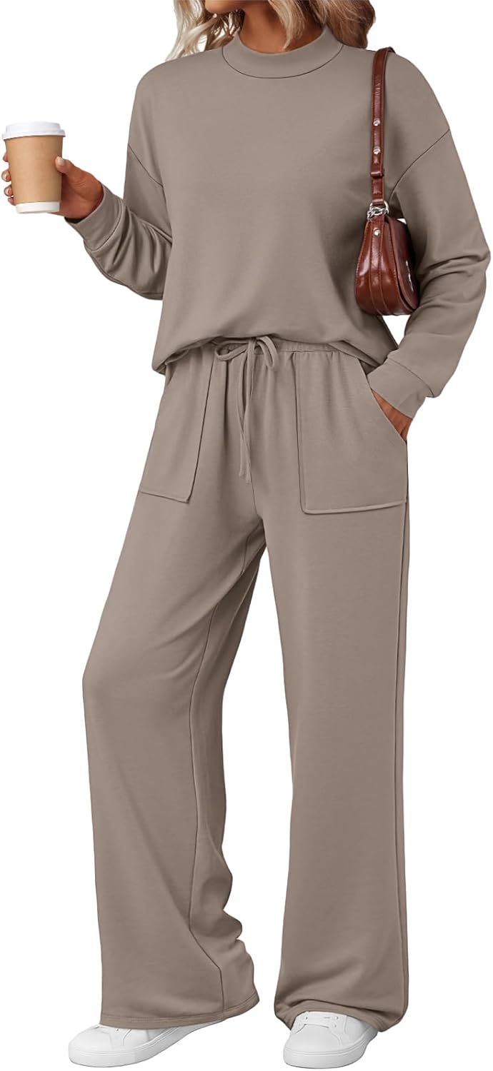LILLUSORY Womens Two Piece Lounge Sets Mock Turtleneck Tops Wide Leg Drawstring Pants Sweatsuit with Pockets