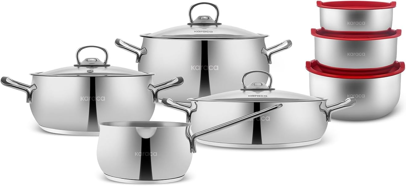 Karaca Stainless Steel Cookware Set 13-Piece, Storage Containers, Creamer Pan, Pot Set, Induction Kitchen Cooking Set for Daily Cooking, Elegant Silver Finish Pots and Pans Set
