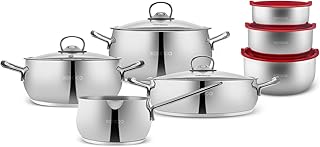 Karaca Stainless Steel Cookware Set 13-Piece, Storage Containers, Creamer Pan, Pot Set, Induction Kitchen Cooking Set for Daily Cooking, Elegant Silver Finish Pots and Pans Set