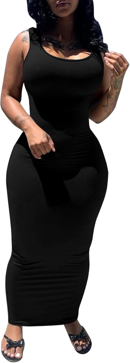 PINSV Women's Sexy Bodycon Tank Dress Basic Sleeveless Long Maxi Dresses Party Club Beach Sundresses