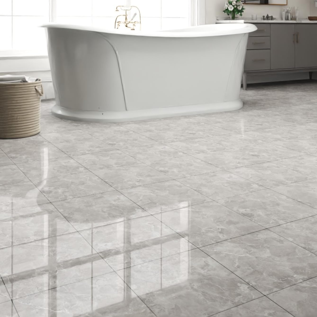 20-Pack Peel and Stick Floor Tiles Vinyl Floor 12 x 12 inch Self Adhesive Waterproof Flooring Planks DIY for Bathroom, Kitchen, Living Room, RV, Cover 20 Sq. Ft, Polish Light Grey Marble