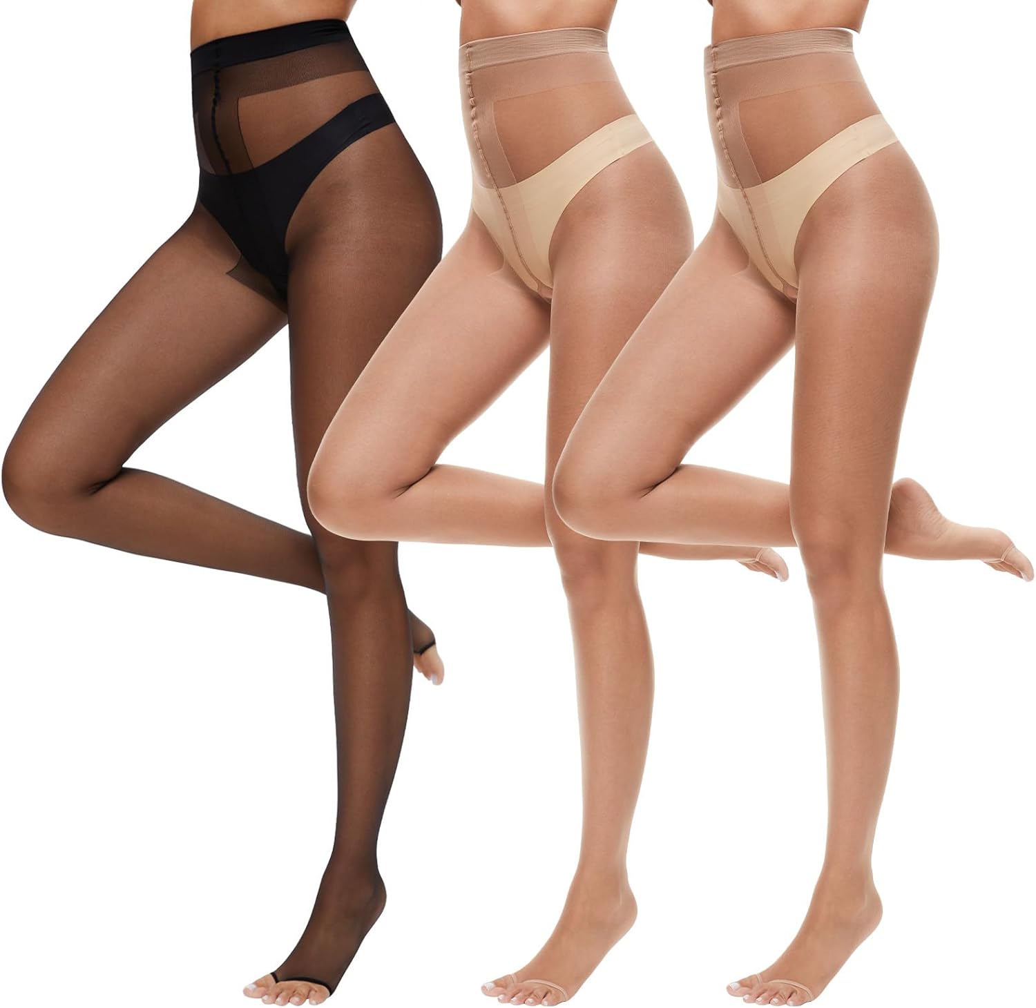 3 Pairs Toeless Pantyhose Tights for Women 10D Control Top Open Toe Pantyhose Sheer Tights