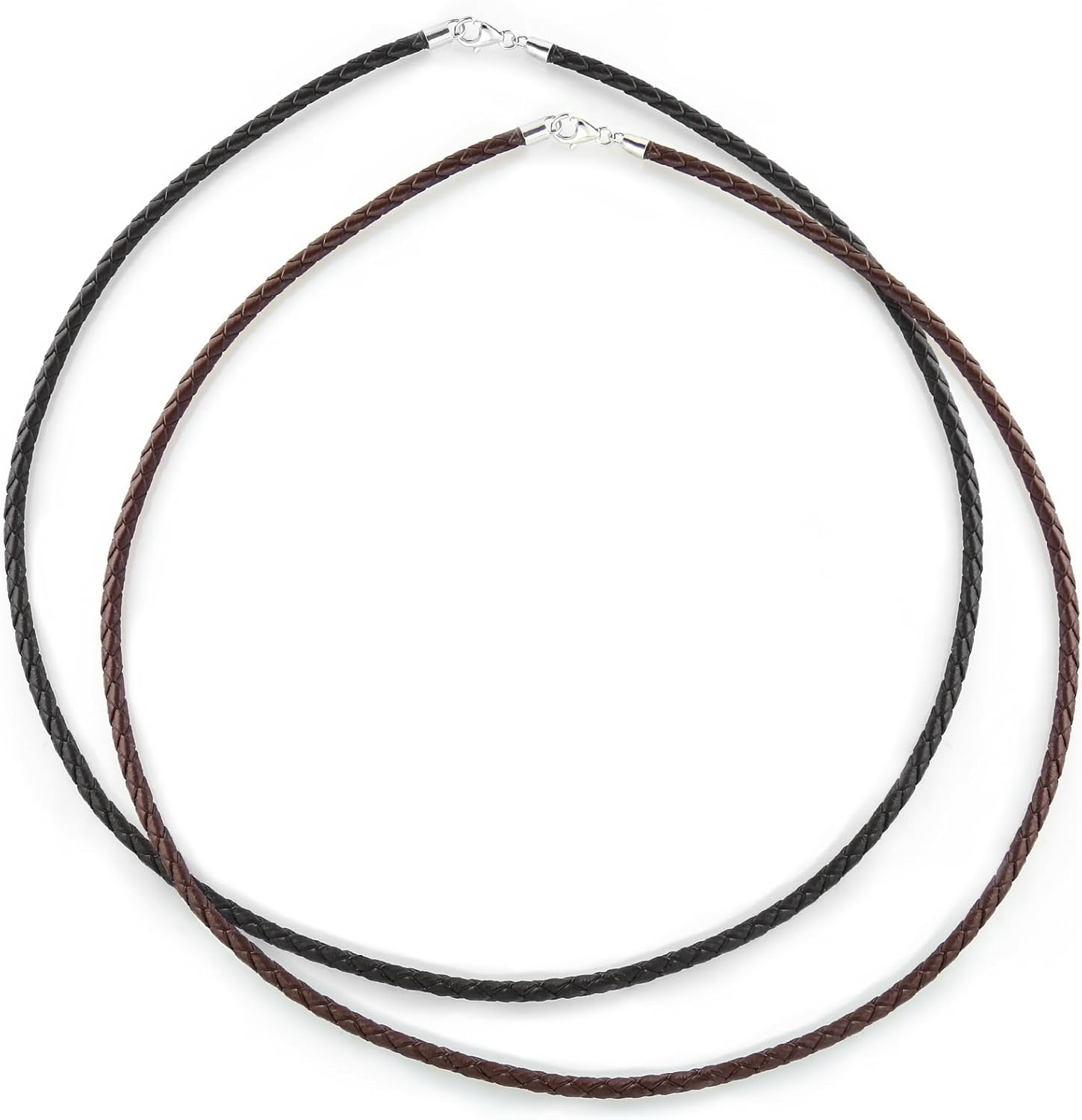 Unisex Genuine Brown Black Leather Braided Rope Weave Necklace Pendant Cord For Women Teens Men .925 Sterling Silver 14 16 18 20 24 Inch Length