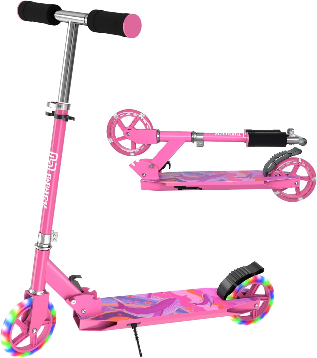 IMMEK 2 Wheels Kick Scooter, Foldable Scooters, Suitable for Girls and Boys at the Age of 4+, LED Light PU Wheels, Height Adjustable, Maximum Weight up to 80 kg
