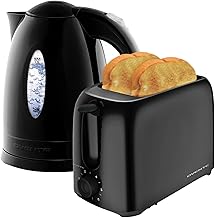 OVENTE Electric Kettle + 2-Slice Toaster Combo, 1.7L Hot Water Boiler with Auto Shut-Off and Boil Dry Protection, Toasting Machine with 6-Shade Settings and Removable Crumb Tray, Black KP72B + TP2210B