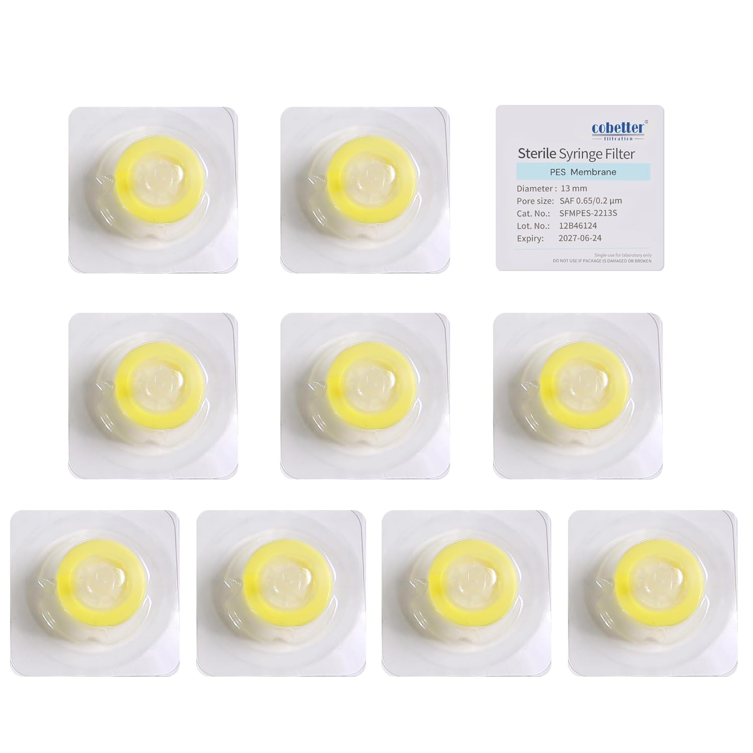 10 pcs/pk Sterile Syringe Filter Double-Layer PES Hydrophilic Membrane 0.2μm Lab Filters 13mm Diameter Individually Packed, Yellow
