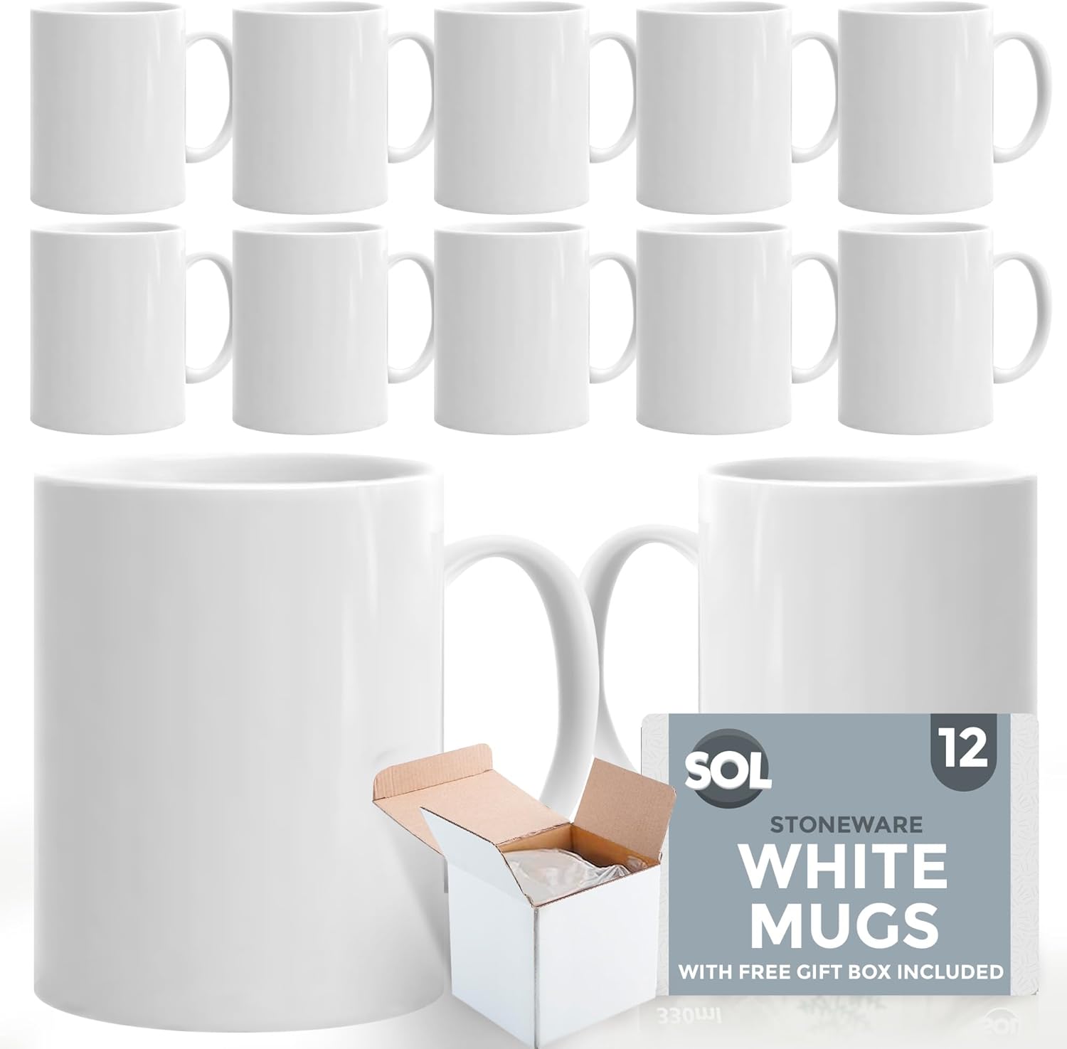 SOL 12pk White Mugs - 11oz 100% Lead & Cadmium Free Stoneware Coffee & Tea Mugs - Perfect for Kitchens, Restaurants & Cafes, Great Gift Idea