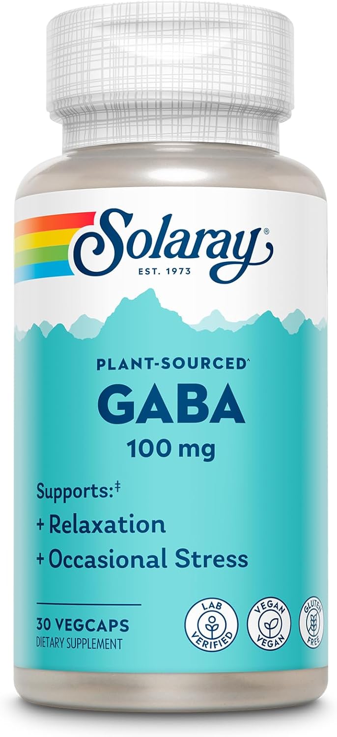 SOLARAY Plant-Sourced GABA 100 mg - Relaxation, Occasional Stress and Mood Support Supplement from Fermented Barley - Vegan, Gluten Free - 60-Day Guarantee - 30 Servings, 30 VegCaps