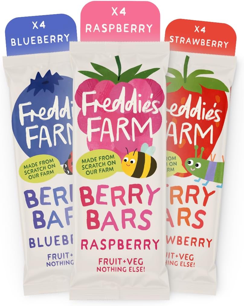 Freddie’s Farm Kids Snacks | Fruit Snacks Multipack - Raspberry, Blueberry, Apple Bars | Lunchbox Snacks For Kids | 100% Fruit & Veg | UPF Free, Recyclable Packs & Made in the UK | 12 x 20g Bars