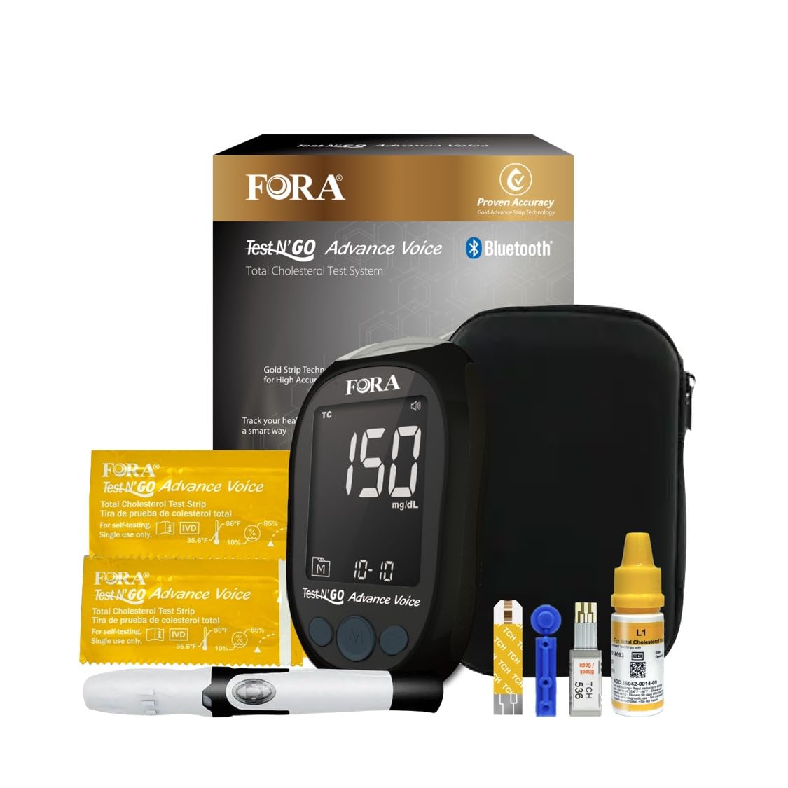 FORA Test N’GO Advance Voice Cholesterol Kit – 10 Total Cholesterol Strips + 10 Lancets | Bluetooth Meter (Optional App Sync) & Voice Guidance