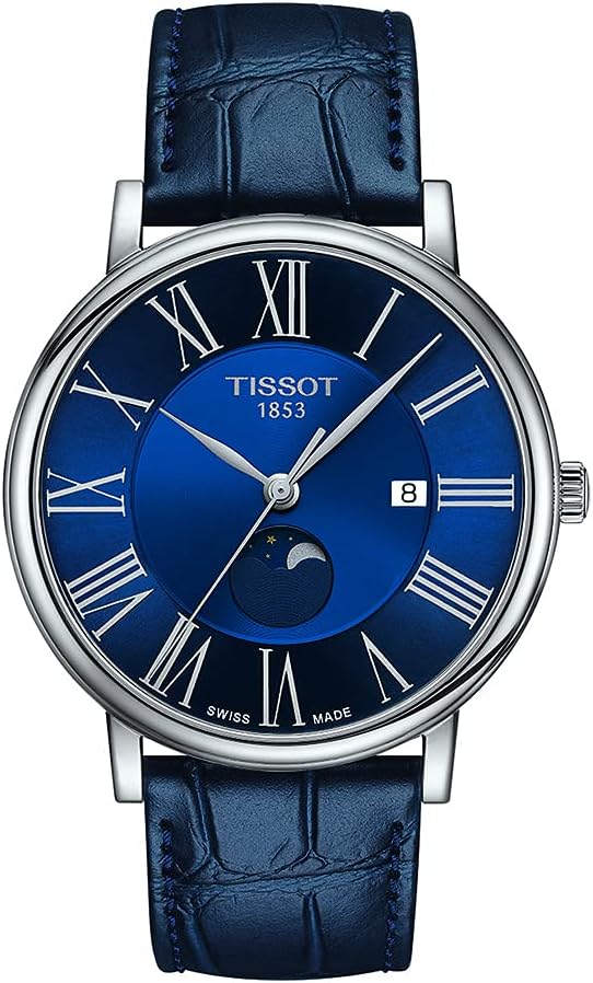 Tissot Mens Carson Premium Gent Moonphase 316L Stainless Steel case Swiss Quartz Watch, Blue, Leather, 20 (T1224231604300)