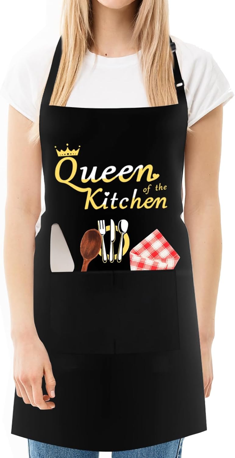 Funny Baker Apron for Mum, Kitchen of the Queen, Adjustable Black Apron with 2 Pockets, Gifts for Mom, Wife, Girlfriend, Mother's Day, Birthday, Christmas (Water Resistant)