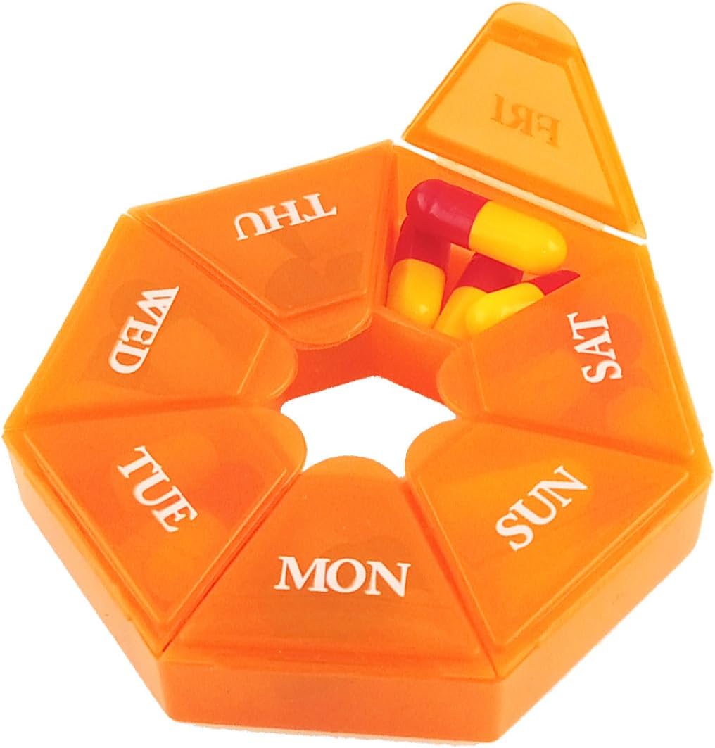 Deke Home - Small Weekly Pill Organizer, Round Pill Dispenser for Travel, Mini Pill Organizer, Compact Medicine Holder, Pill Sorters 7 Days, Portable Vitamin Container, BPA Free (Food Grade)