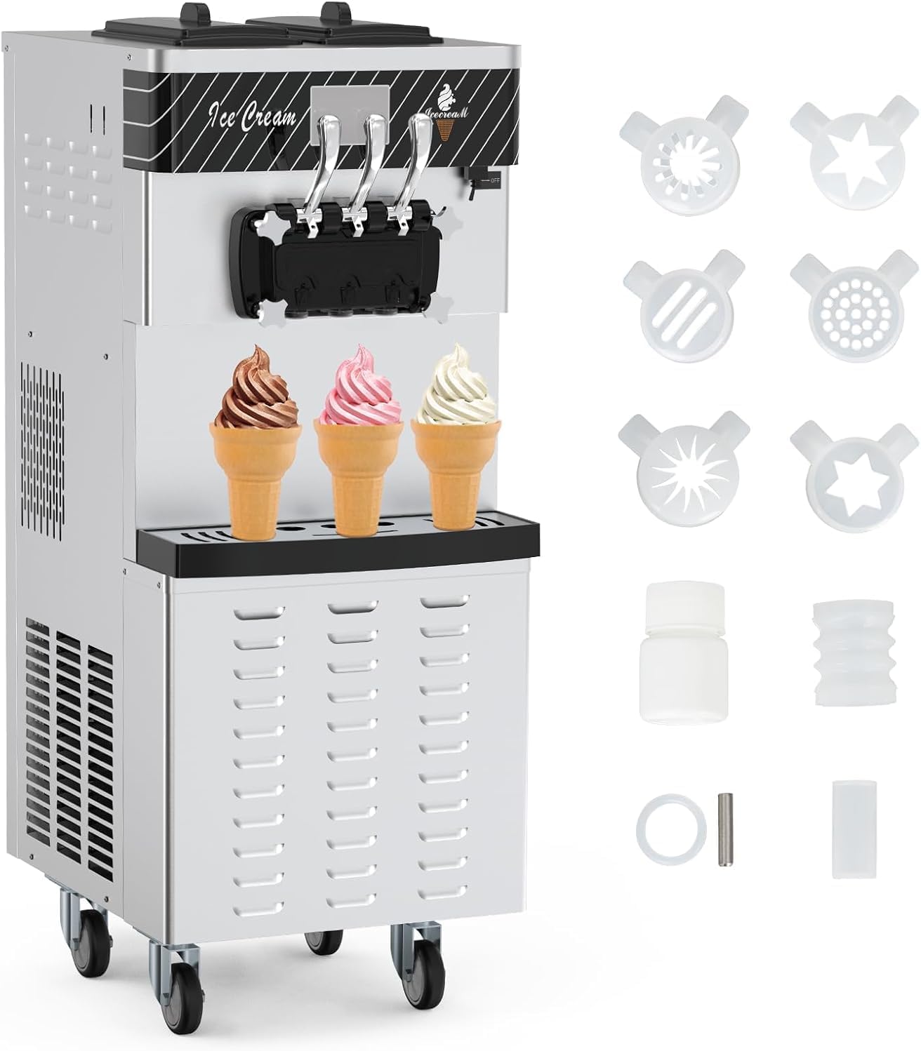 3 Head Commercial Ice Cream Machine, 5.8-7.9 Gal/H Soft Serve Ice Cream Maker with Auto Clean & Night Pre-Cooling, Touch LCD Panel for Snack Restaurants Bars (White)
