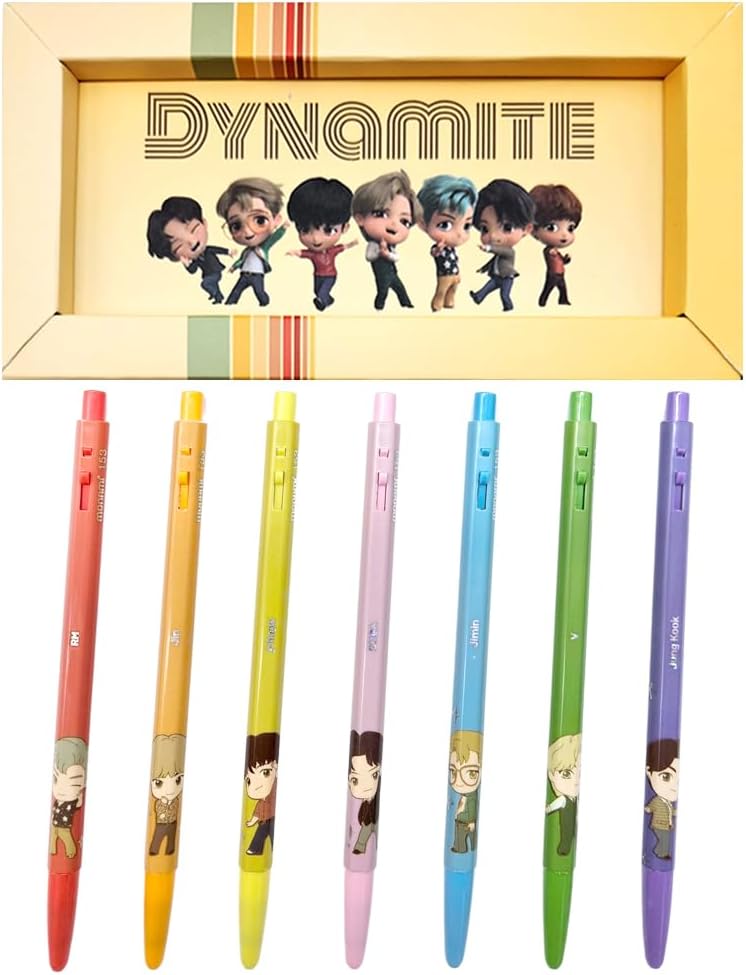 BTS Merchandise Official Licensed Kpop Merch Character Ballpoint Pen, 0.5mm, (1 Pack of 7 Pens) (Dynamite Ver.)