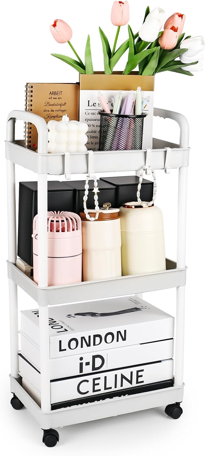Storage Trolley Cart 3 Tier Plastic Rolling Storage Rack, Mobile Storage Shelving Organizer Utility Cart Snack Cart Trolley for Kitchen, Bathroom, Laundry Room, Bedroom,White with Hooks