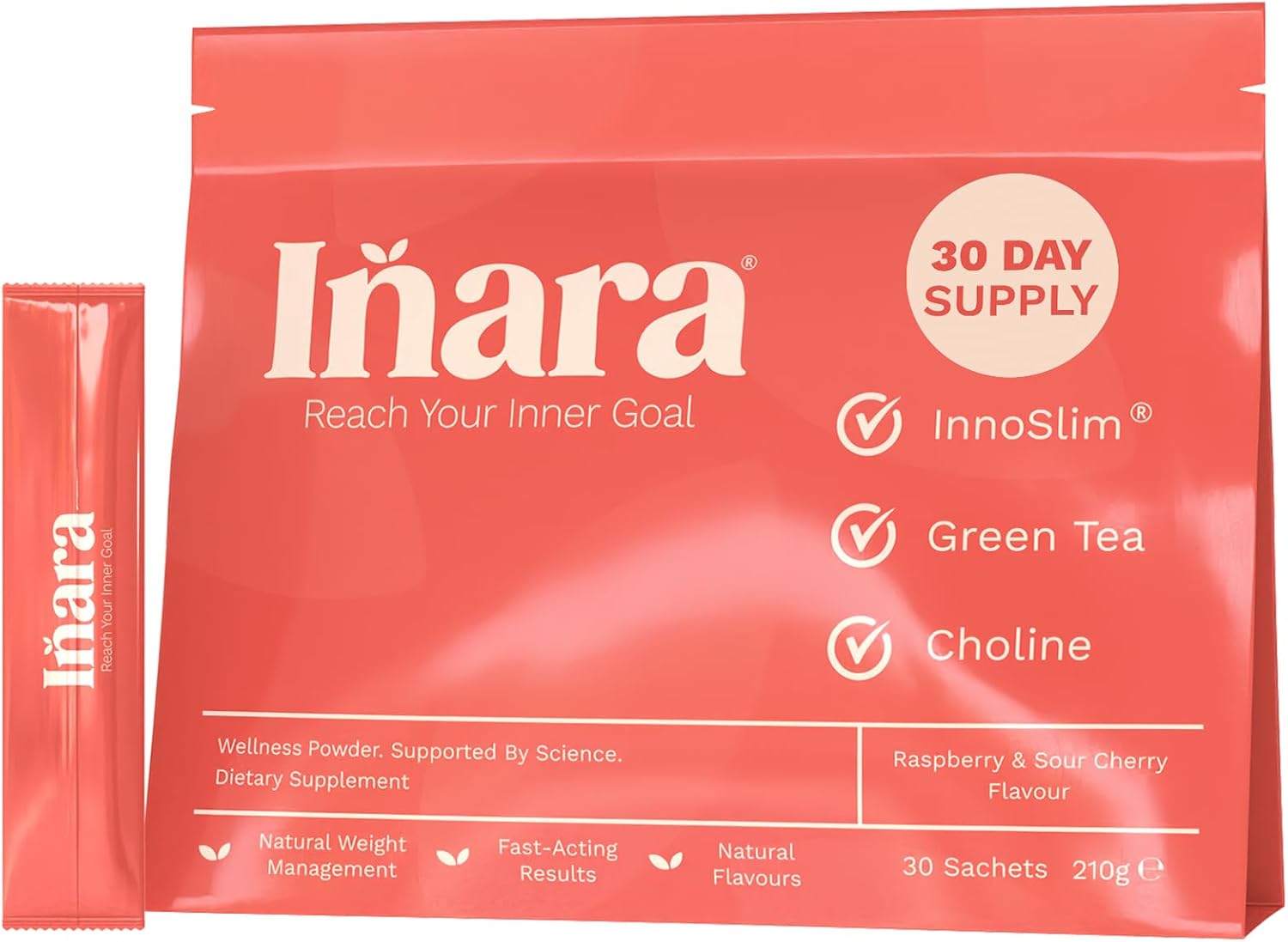 Inara GLP1 Melt in Mouth Weight Management Powder - 30 Sachets, Raspberry & Sour Cherry Flavoured - InnoSlim, Green Tea & Choline - Suitable for Vegans, GMO & Gluten Free