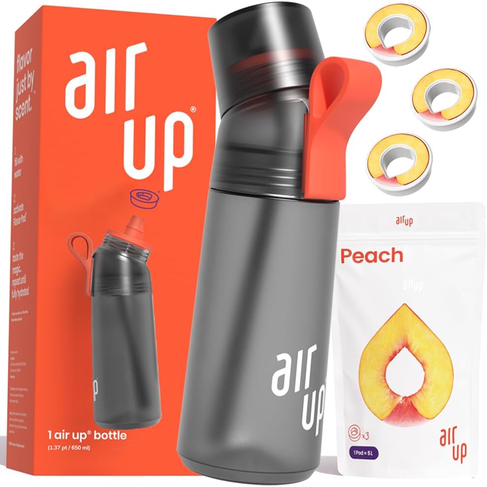 Official water bottle with flavor pods Gen 2 (21oz) Charcoal Grey + 3x peach flavor pods | Flavored water zero sugar & Spill proof water bottles with straw | Flavored water bottle