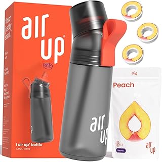 Official water bottle with flavor pods Gen 2 (21oz) Charcoal Grey + 3x peach flavor pods | Flavored water zero sugar & Spill proof water bottles with straw | Flavored water bottle