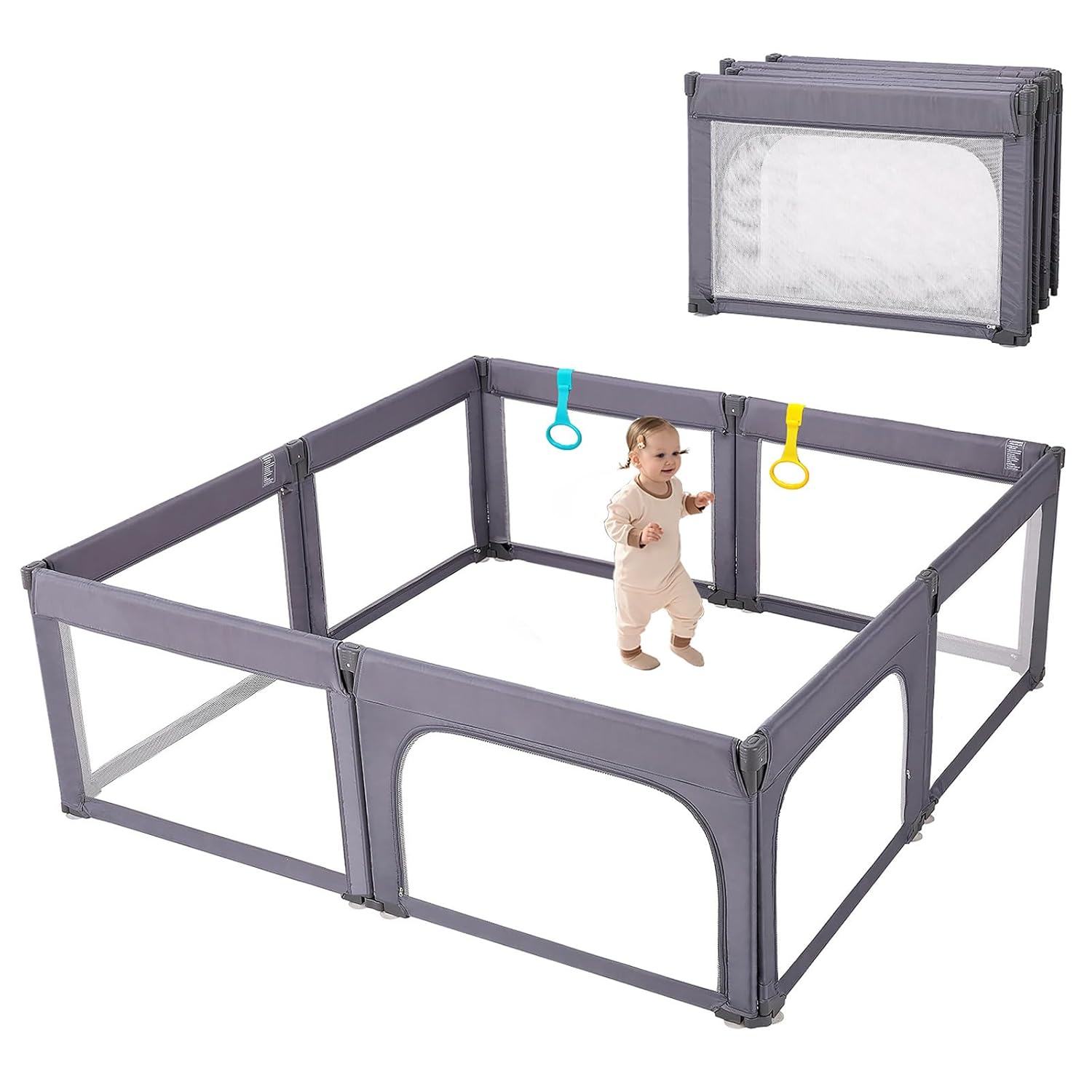 Doradotey Baby Playpen, Shape Adjustable Large & Small Playard for Toddlers, Foldable Playpen Baby Fence Indoors Play Center Yards, Breathable Mesh Anti-Fall Play Pens(71x79 Deep Grey)