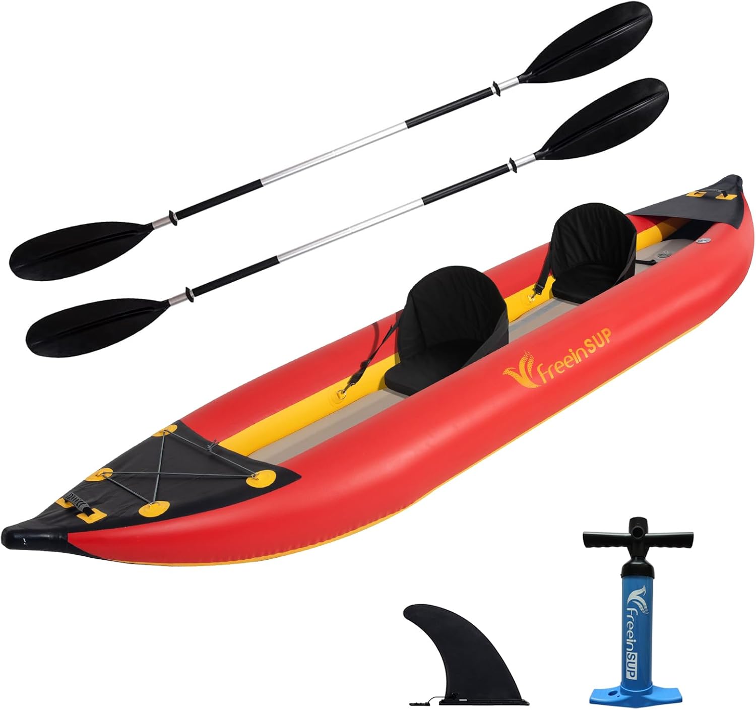 Freein Kayak 1-2 Person Professional Series Inflatable Kayak Emergency Boat Sit-in Kayak Set with Paddle Seat Fin High Output Air Pump Carry Bag 10'6"&12'6"