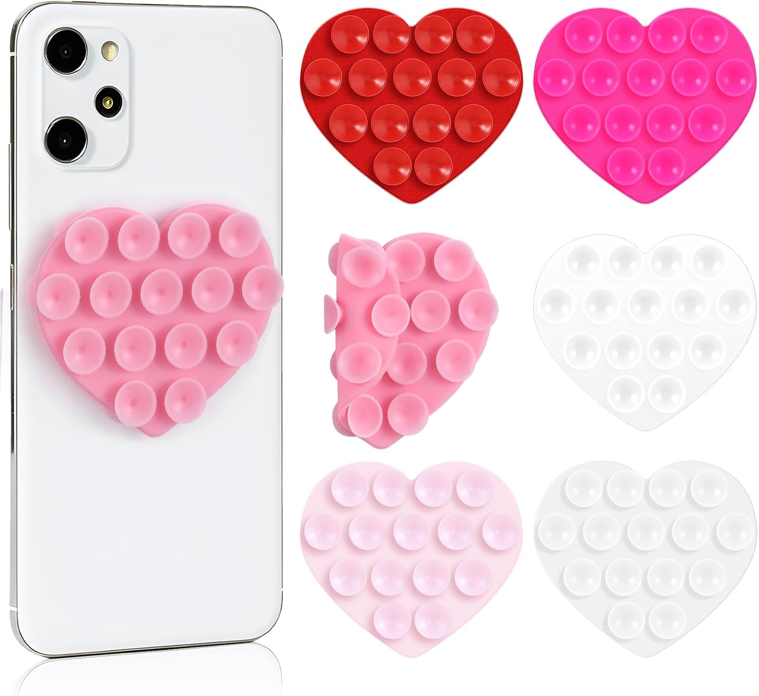 6 Pcs Heart Suction Phone Grip, Silicone Suction Phone Case Sticky Mount Double Sided Hands-Free for Selfies Videos Mobile Devices Mirror Glass(Pink Series)