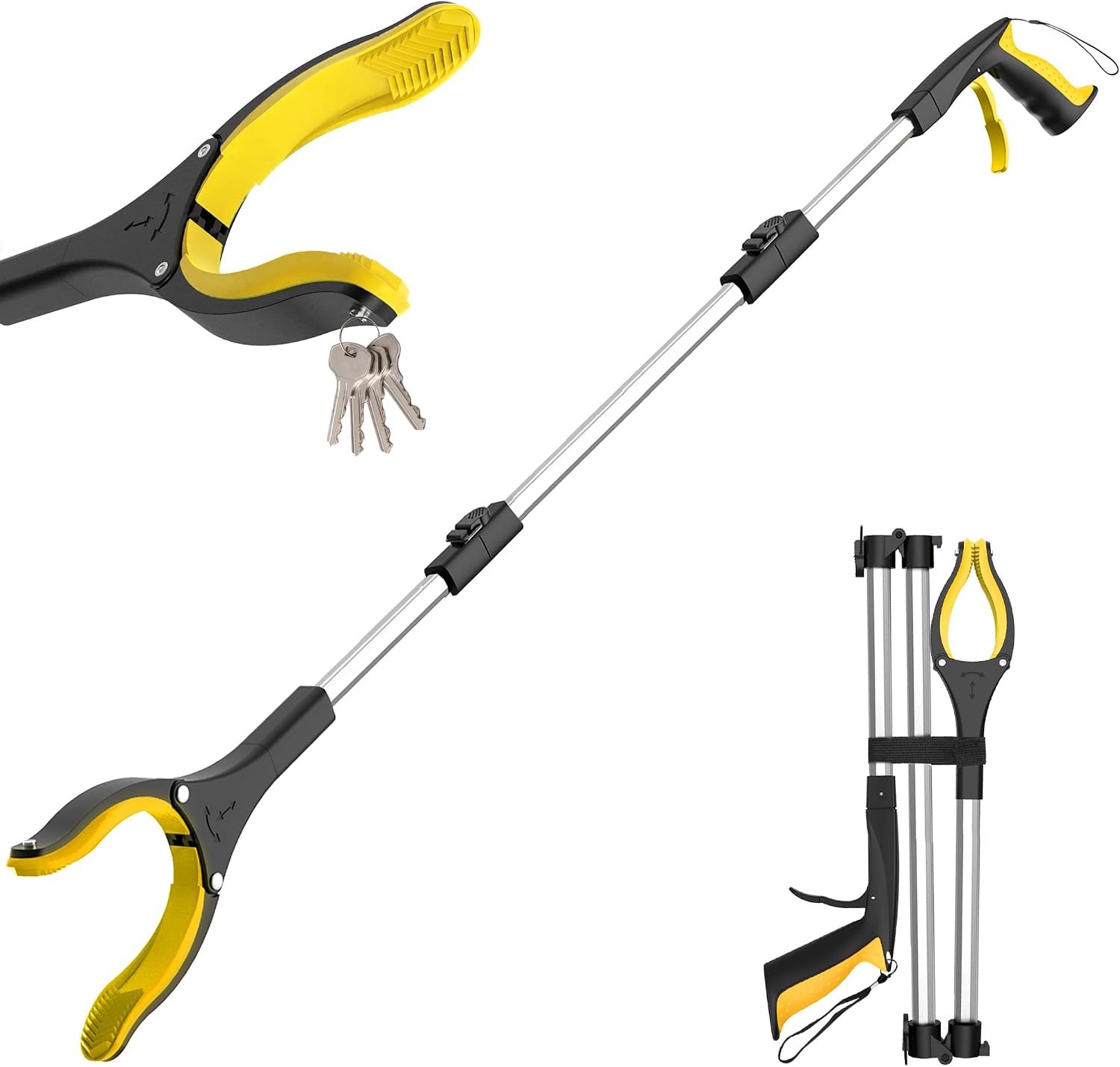 Litter Picker Grabber Stick, Foldable Long Reach Grabber Tool for Elderly, Disabled, Adults and Mobility Aid, with Magnetic Tip for Rubbish Picker and Trash Pick Up, 91cm/36 Inch(YellowSilver）