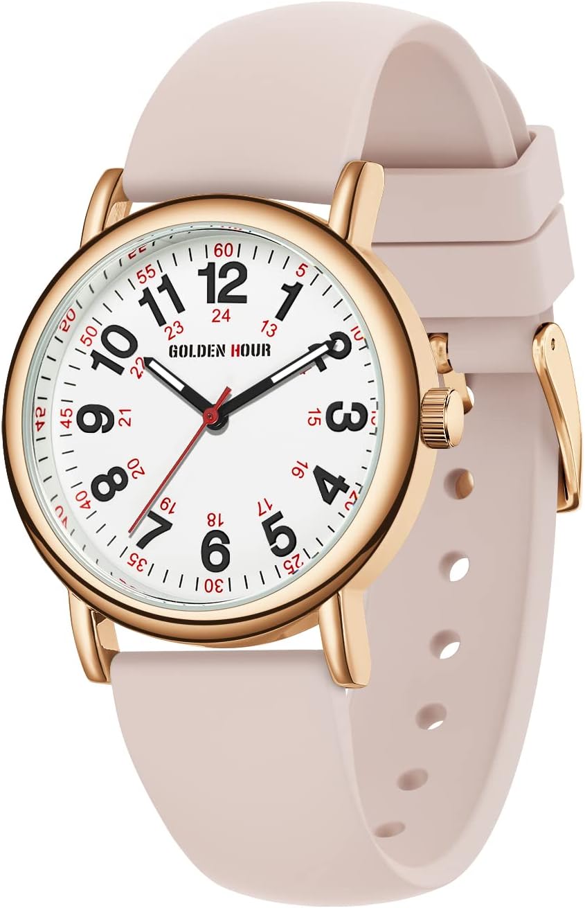 GOLDEN HOUR Waterproof Nurse Watch for Medical Professionals, Students Women Men - Military Time Luminouse Easy Read Dial, 24 Hour with Second Hand, Colorful Silicone Band