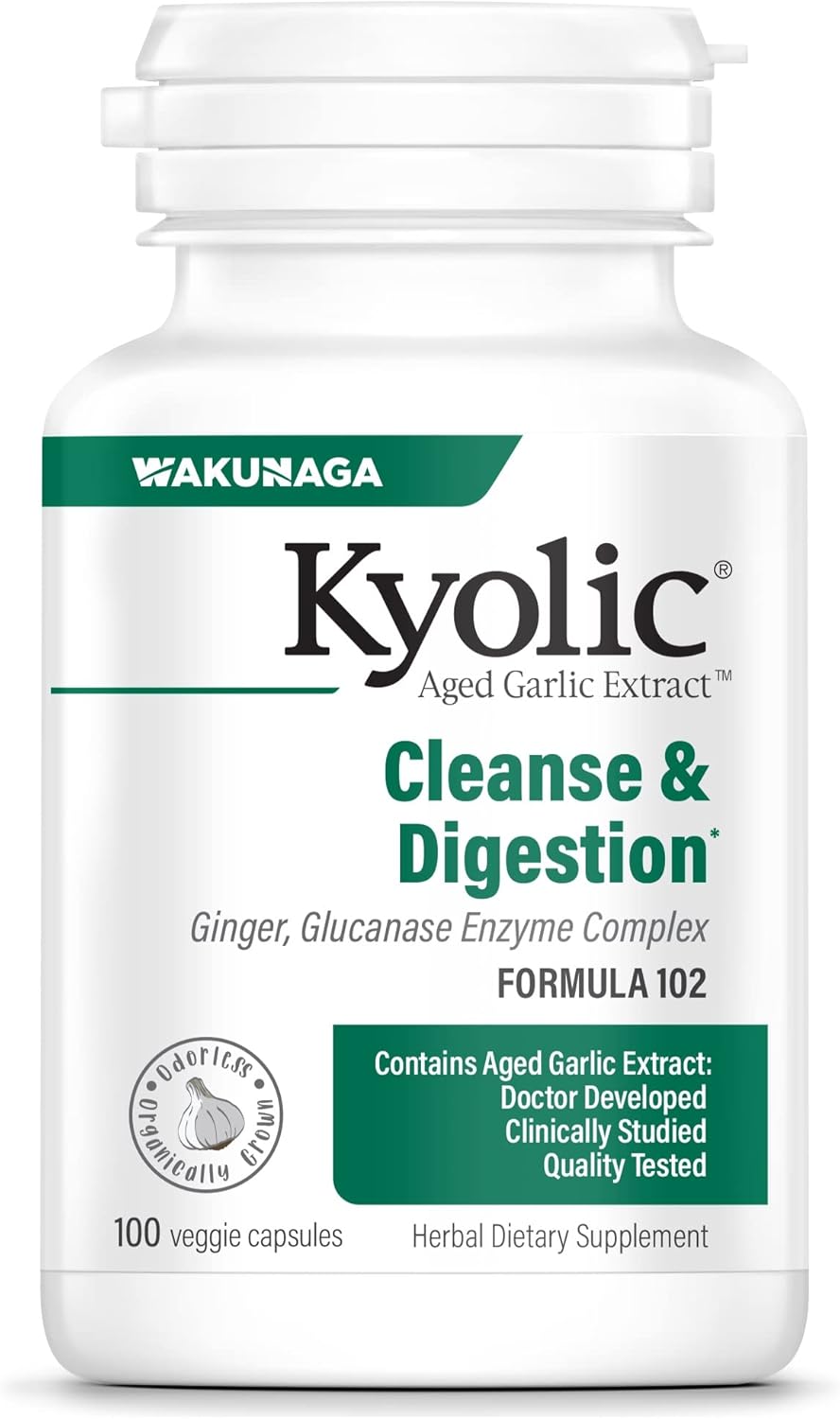 Kyolic Aged Garlic Extract Formula 102, Ginger and Glucanase Enzyme Complex, 100 Vegetarian Capsules (Packaging May Vary)