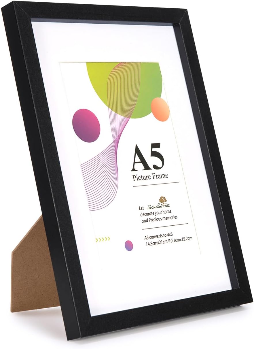 Scholar Tree A5 Frame - 1 Pack A5 Black Frame, Black Picture Frames 21 X 14.8 cm, Wooden Photo Frames with 6x4 Mount, With Stand Tabletop or Wall Hanging