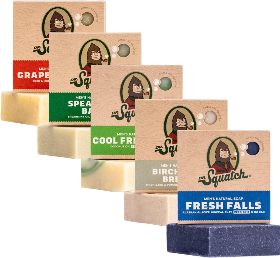 Dr. Squatch All Natural Soap Bar for Men, 5 Bar Variety Pack - Birchwood Breeze, Cool Fresh Aloe, Fresh Falls, Grapefruit IPA, Spearmint Basil