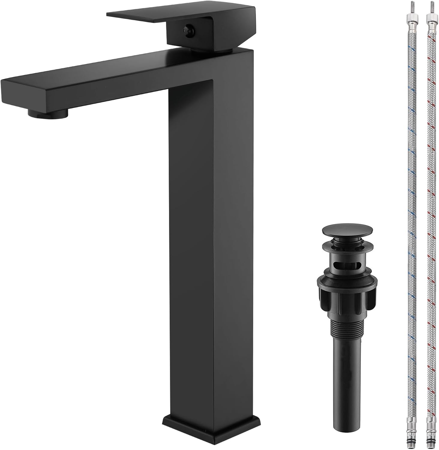 Matte Black Bathroom Faucet Single Handle 1 Hole Tall Bathroom Vessel Sink Faucet, 304 Stainless Steel Modern Vanity Faucet Basin Mixer Tap with Water Supply Hose and Pop Up Sink Drain