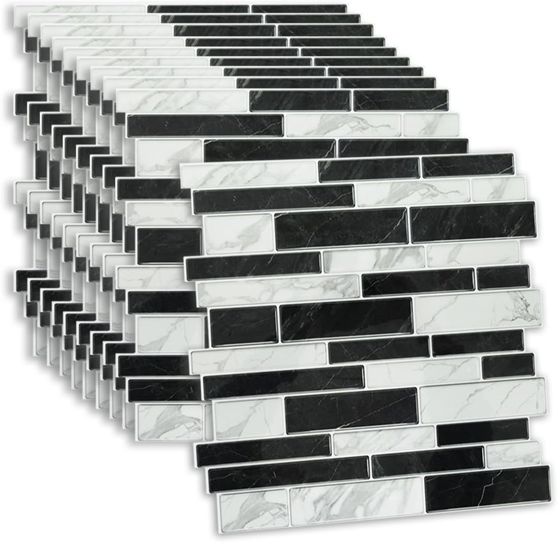 Tile Stickers Black White 30.5x30.5cm 10pcs, Self Adhesive Wall Tiles Marble, Peel and Stick Wall Waterproof, Removable Stick on for Kitchen Backsplash