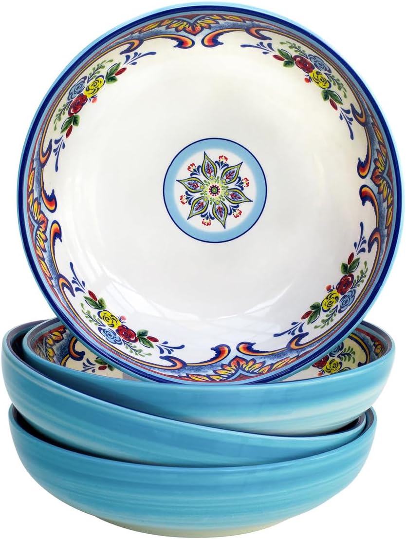 Euro Ceramica Zanzibar Collection Pasta Bowl Sets, Set of 4, Spanish Floral Design, Multicolor Blue
