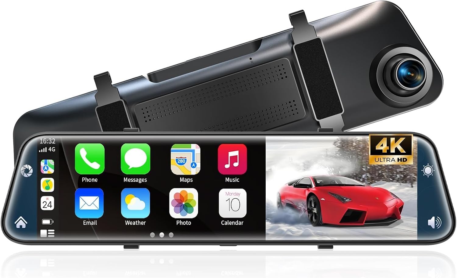 4K Rear View Mirror Camera with Carplay&Android Auto,12" Mirror Dash Cam Front and Rear with Voice Control for Cars&Trucks,Smart Touch Screen,64GB Card Included/Loop Record/Reverse Assist