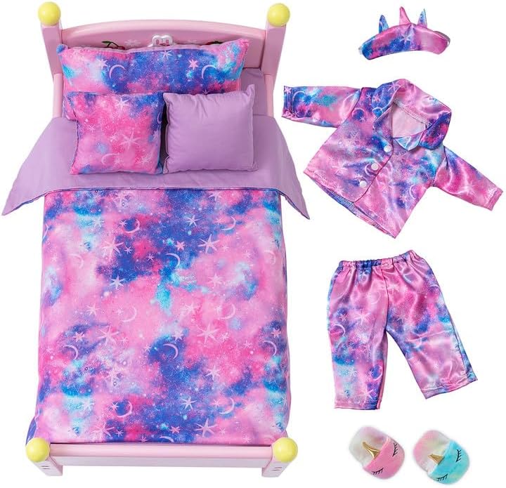 K.T. Fancy 8 PCS 18 Inch Girl Doll Clothes and Accessories Sleeping Sheet,Pajamas,Eye Mask,Unicorn Slippers,Pillow(Doll and Bed are Not Included)