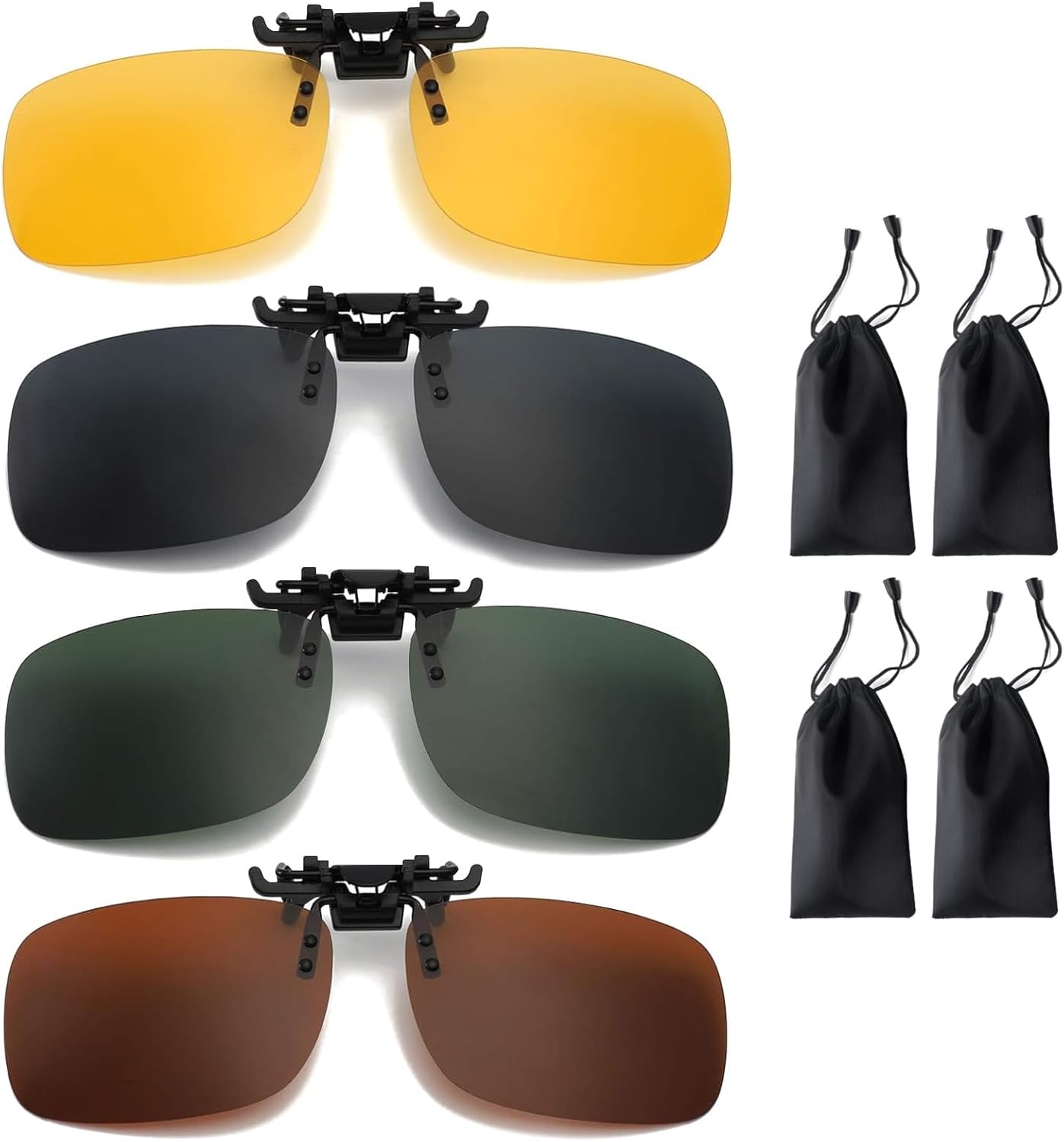 LIYANHU 4 Pack Clip-on Sunglasses for Prescription Glasses, Polarized Flip-up Sunglasses with 4 Bags, Suitable for Men and Women