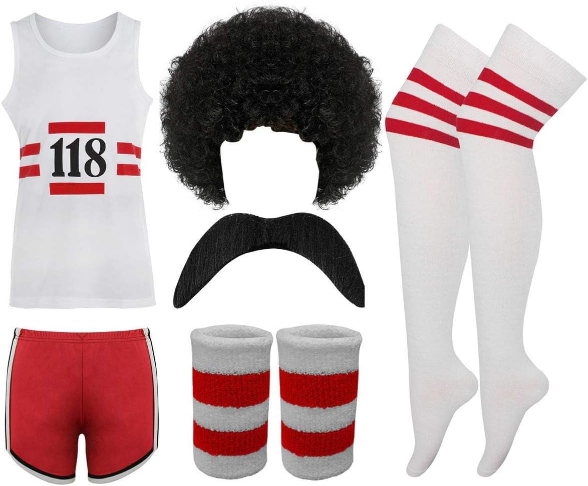 FAIRY BOUTIQUE Men Women 118 Fancy Dress Costume Vest + Shorts + Afro Wig + Tash + Socks + Wristband Set Marathon Retro Outfit