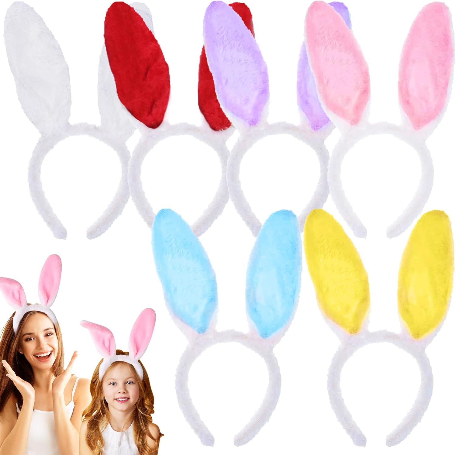 Aonuily Bunny Ears Headband, 6Pack Easter Plush Rabbit Ears Hairbands Comfortable Party Fancy Dress Prop for Adults Kids Costume Head Band Accessory