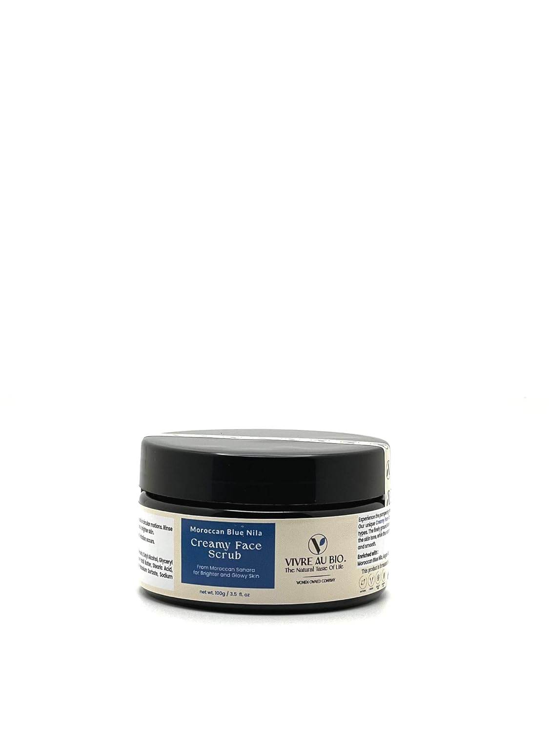 100% Natural Whipped Creamy Face Scrub Infused with Moroccan Blue Nila100g. Formulated in Sweden & Made in Morocco with 100% Moroccan Sourced Ingredients. ISO & GMP Certified.
