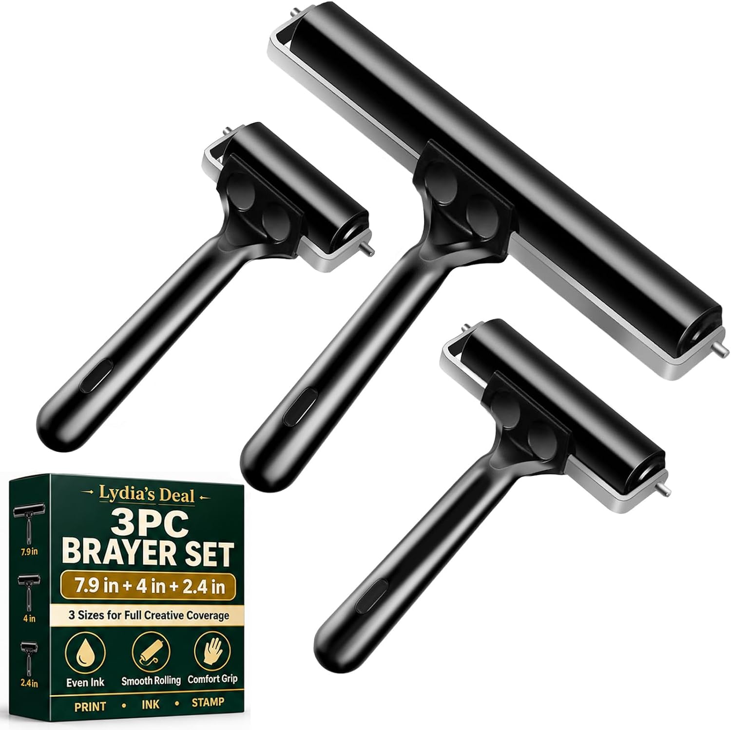 3 Pack Rubber Brayer Rollers for Crafting – Hard Rubber Printmaking & Craft Roller for Ink, Glue, Stamping, Wallpaper & Boat Flooring Applications (Original Version, Black) (2.4", 4", 7.9")