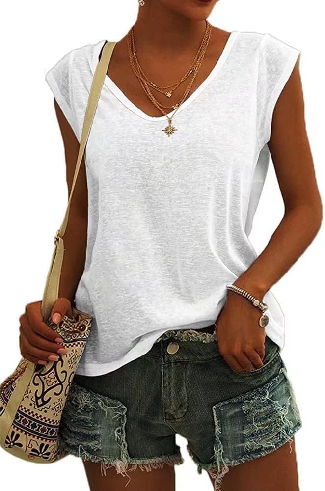 ASKSA Women V Neck Cap Sleeve T-Shirt Summer Solid Color Tank Top Casual Loose Shirts Basic Tee Tops