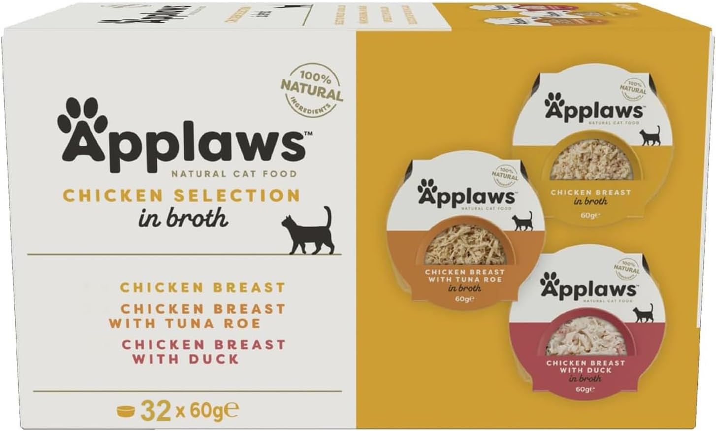 32 x 60g Applaws 100% Natural Adult Wet Cat Food Pots Chicken Selection in Broth
