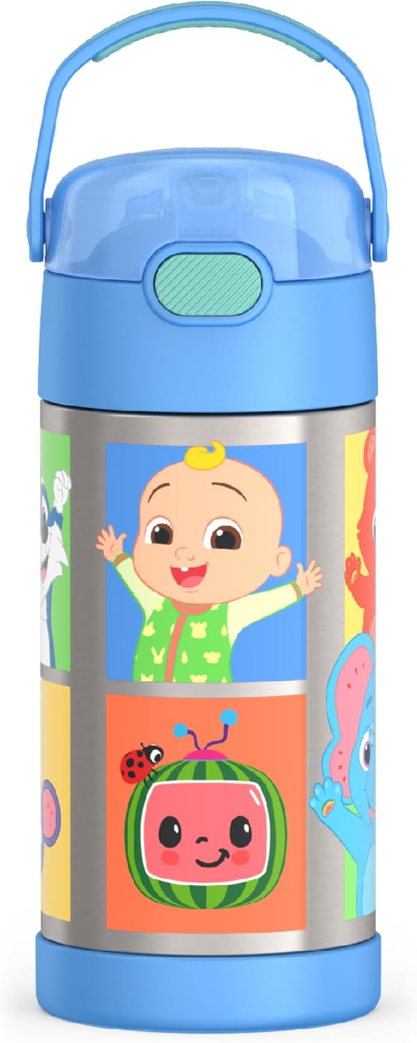 THERMOS FUNTAINER Water Bottle with Straw - 12 Ounce - Kids Stainless Steel Vacuum Insulated Water Bottle with Lid, Cocomelon