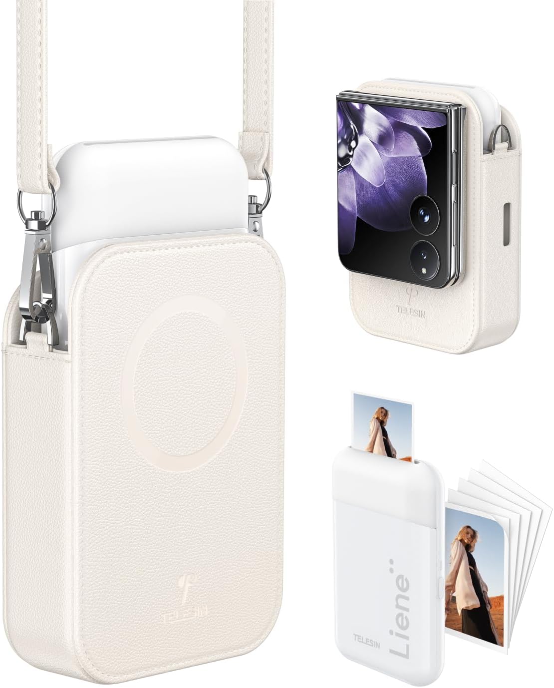 Liene x TELESIN° Portable Photo Printer Set - 2x3" Mini Instant Color Mono Picture Printer with Zink Sticky-Backed Paper, Bluetooth 5.0 Wireless Photo Printer for iPhone Android, w/Bag & Strap,White