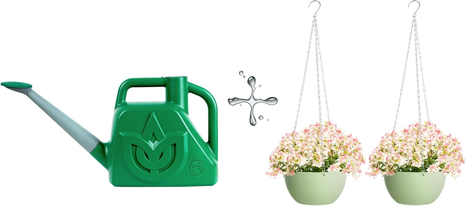 XXXFLOWER 1.5 Gallon Green Watering Can+ Hanging Planters 2 Pack Hanging Baskets Plastic Flower Pot with Drainage Hole & Chain & Hook